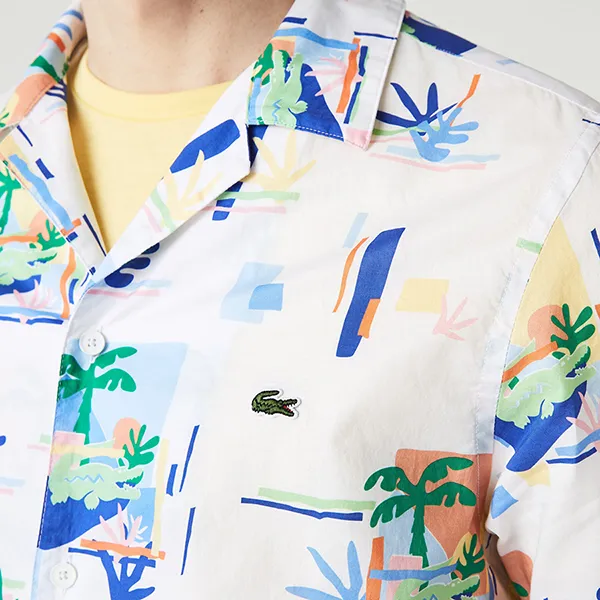 Áo Sơ Mi Cộc Tay Nam Lacoste Print Cotton Voile Hawaiian Shirt CH2610 - SBH Màu Trắng/Xanh Size 38
