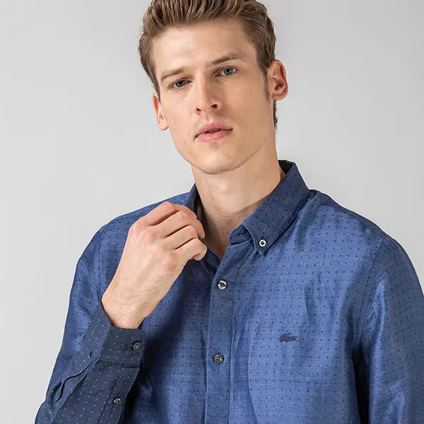 Áo Sơ Mi Dài Tay Nam Lacoste Men's Slim Fit Patterned Ombré Shirt CH0015 - 15L Màu Xanh Navy Size 39