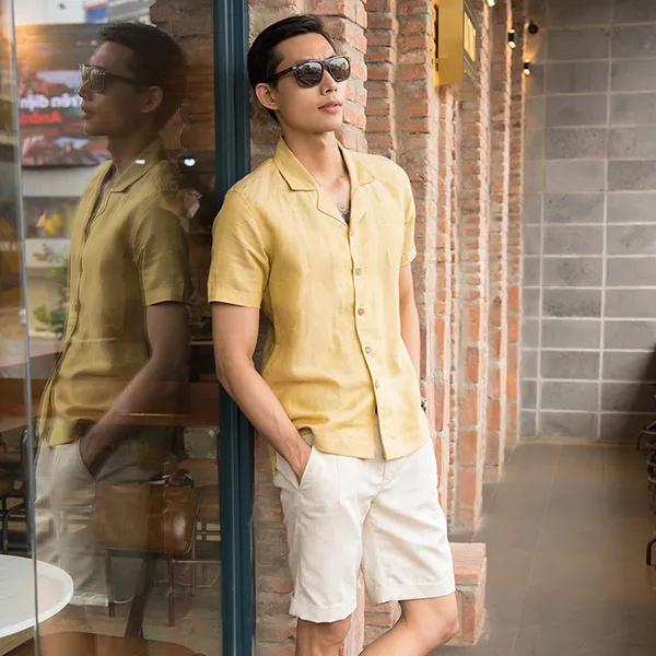 Áo Sơ Mi Linen Nam F2 Fashion & Freedom New Breeze SMMN012-S-VN- 1221 Màu Vàng Nhạt Size S
