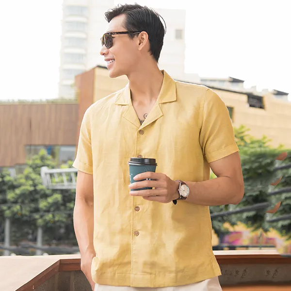 Áo Sơ Mi Linen Nam F2 Fashion & Freedom New Breeze SMMN012-S-VN- 1221 Màu Vàng Nhạt Size S