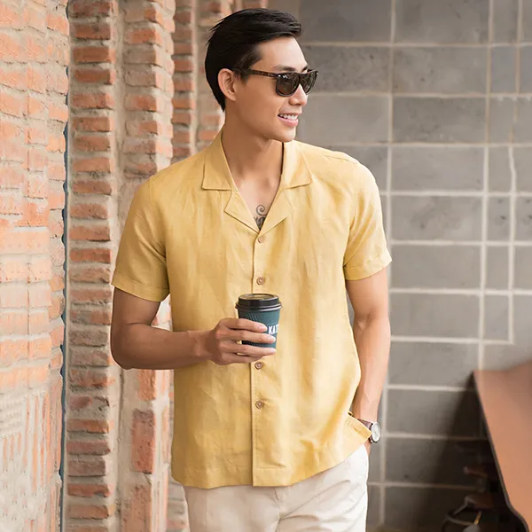 Áo Sơ Mi Linen Nam F2 Fashion & Freedom New Breeze SMMN012-S-VN- 1221 Màu Vàng Nhạt Size S