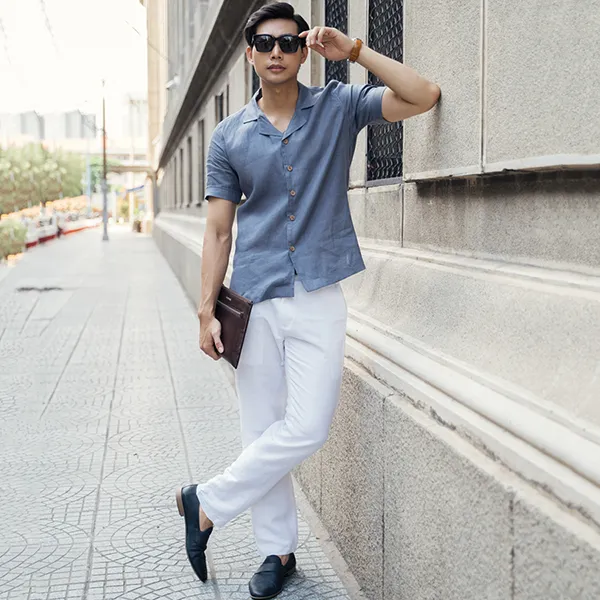 Áo Sơ Mi Linen Nam F2 Fashion & Freedom SMMN012-S-XX- 0621 Màu Xanh Xám Size S