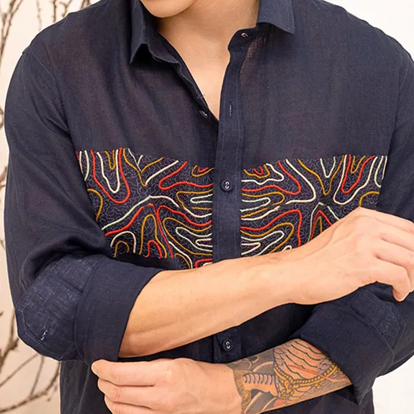 Áo Sơ Mi Nam F2 Fashion & Freedom Linen SMM136-XANH DEN THEU-XL-0924 Màu Xanh Đen Size XL