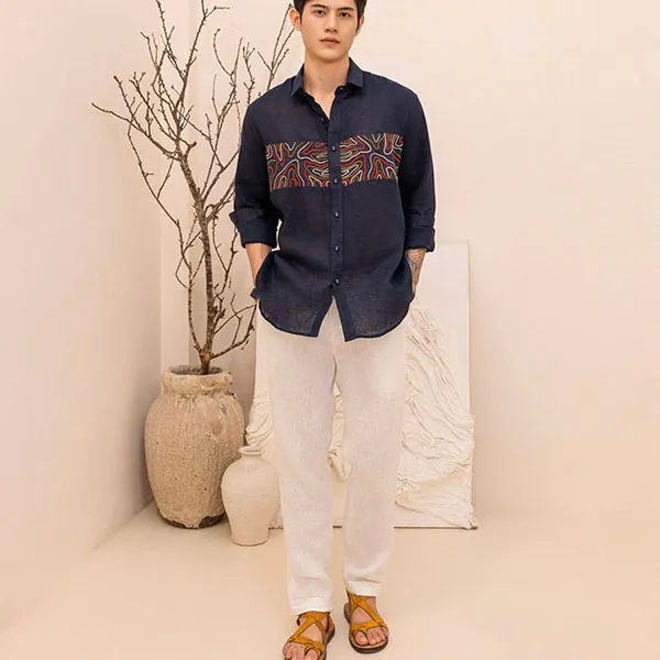 Áo Sơ Mi Nam F2 Fashion & Freedom Linen SMM136-XANH DEN THEU-XL-0924 Màu Xanh Đen Size XL