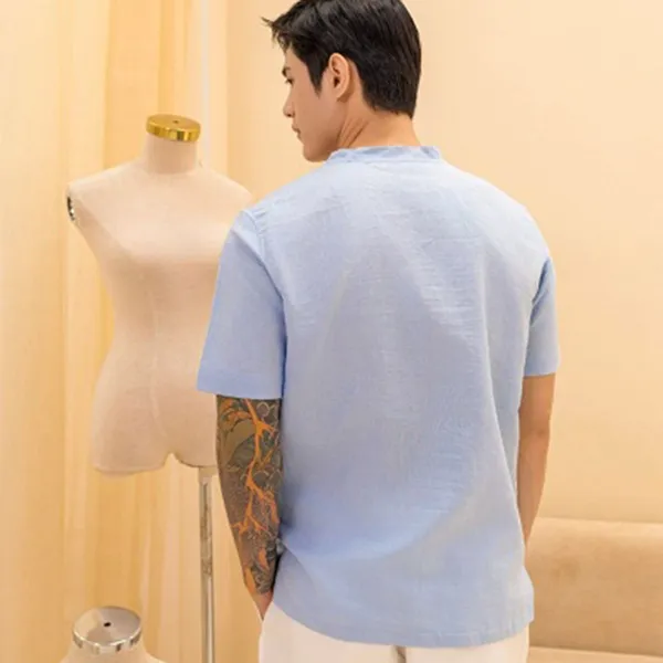 Áo Sơ Mi Nam F2 Fashion & Freedom Men's Pastel Blue Short-Sleeve Linen Shirt SMMN032-XPT-S-0824 Màu Xanh Pastel Size S