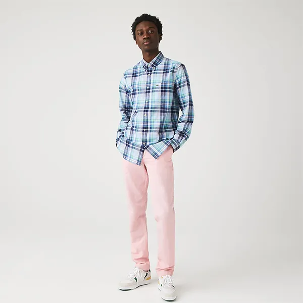 Áo Sơ Mi Nam Lacoste Regular Fit Large Checked Stretch Cotton CH9041 - 51W Màu Xanh Kẻ Size 42