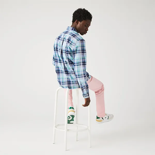 Áo Sơ Mi Nam Lacoste Regular Fit Large Checked Stretch Cotton CH9041 - 51W Màu Xanh Kẻ Size 42
