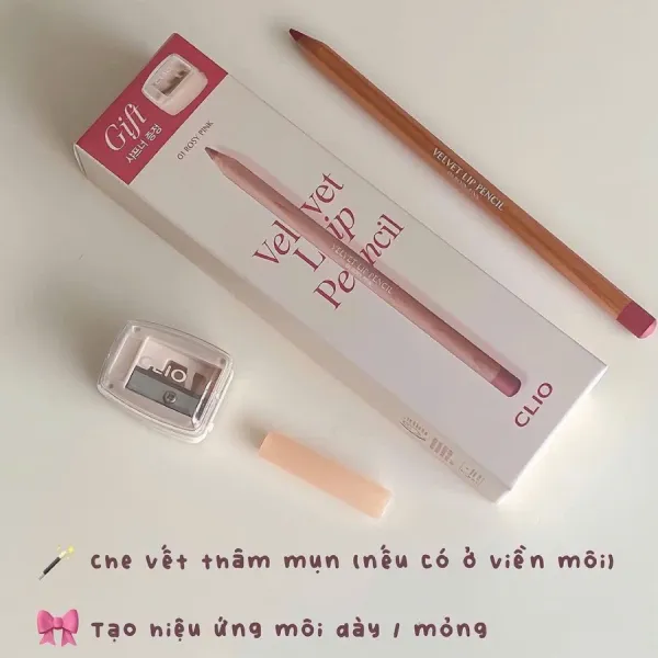 Chì Kẻ Viền Môi Clio Velvet Lip Pencil 01 Rosy Pink Màu Hồng Baby 1.45g (Kèm Gọt Chì)