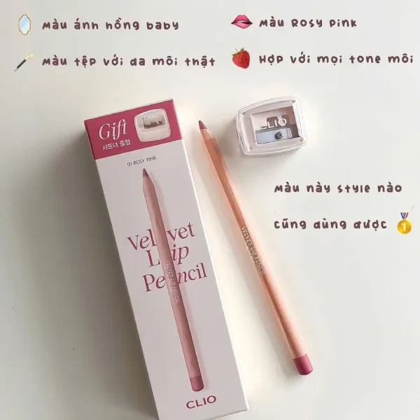 Chì Kẻ Viền Môi Clio Velvet Lip Pencil 01 Rosy Pink Màu Hồng Baby 1.45g (Kèm Gọt Chì)