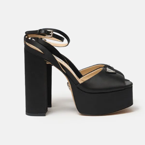 Giày Cao Gót Nữ Prada Black High-heeled Satin Platform Sandals Màu Đen Size 37