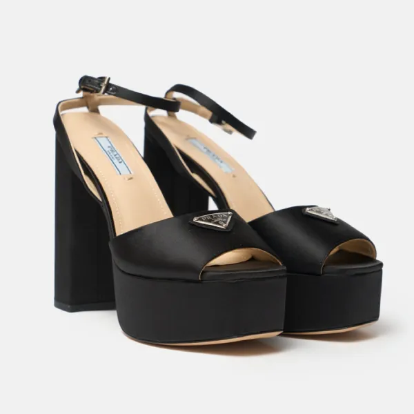 Giày Cao Gót Nữ Prada Black High-heeled Satin Platform Sandals Màu Đen Size 37