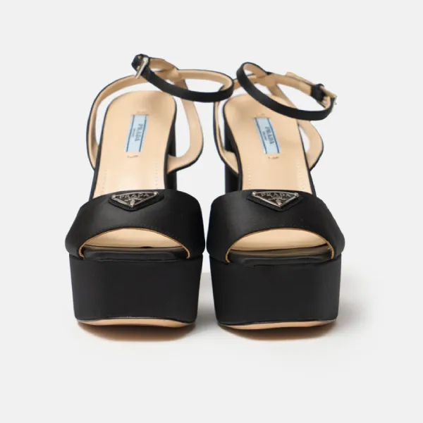 Giày Cao Gót Nữ Prada Black High-heeled Satin Platform Sandals Màu Đen Size 37
