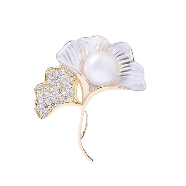Cài Áo Nữ Meri Ginkgo Leaves & Pearls BR796 Màu Vàng/Trắng