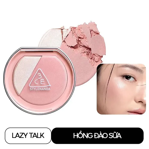 Phấn Má Hồng Kèm Bắt Sáng 3CE Blushlighter Lazy Talk Màu Hồng Đào Sữa