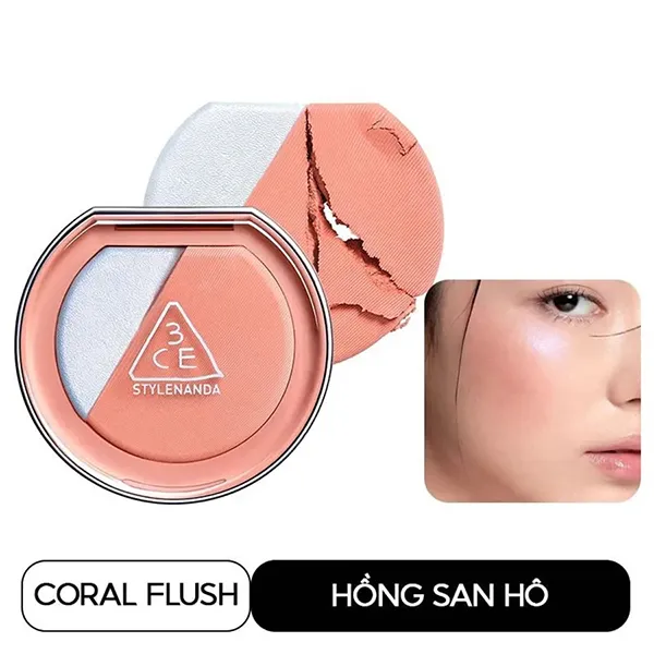 Phấn Má Hồng Và Bắt Sáng 3CE Blushlighter Coral Flush Màu Hồng Cam San Hô