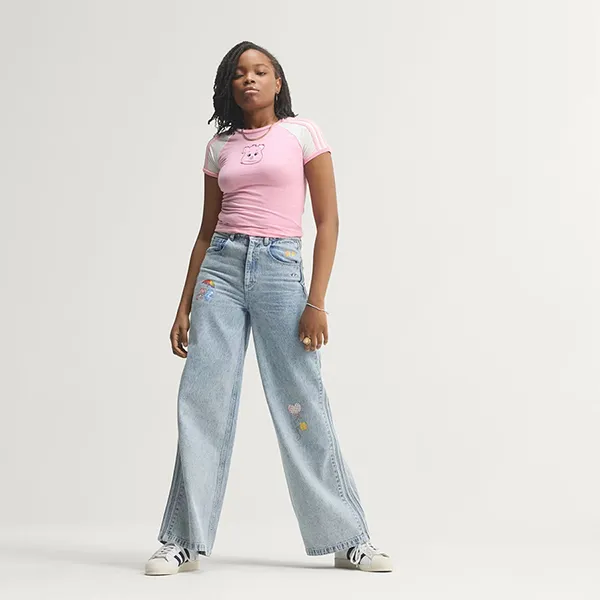 Quần Jean Ống Rộng Nữ Adidas Originals x Care Bears Wide Leg KQ6748 Màu Xanh Nhạt Size 2530