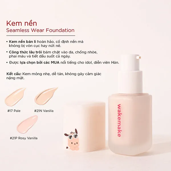 Set Kem Nền Wakemake Seamless Wear Foundation Tone 19 Porcelaine (3 Món)