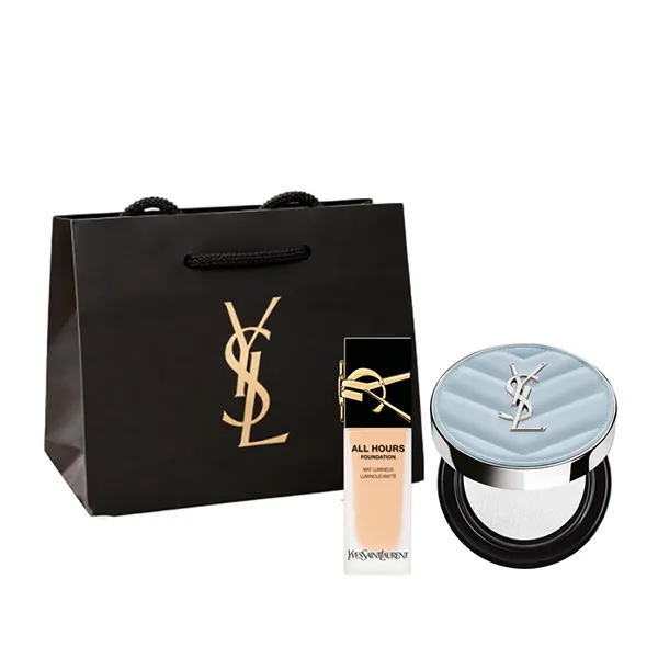 Set Trang Điểm Yves Saint Laurent YSL 3 Món (Kem Nền YSL All Hours Foundation Tone LC1 + Phấn Nước YSL All Hours Blur Cushion + Túi)