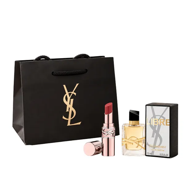 Set Yves Saint Laurent YSL 3 Món (Son Dưỡng YSL Loveshine Candy Glow Balm 5B Nude Crush Đỏ Nâu + Nước Hoa Libre EDP 7.5ml + Túi)