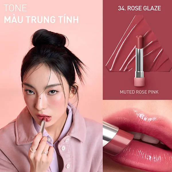 Son Dưỡng 3CE Glazy Lip Glow 34 Rose Glaze Màu Hồng Khô, 5g