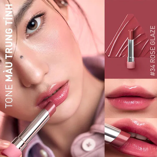 Son Dưỡng 3CE Glazy Lip Glow 34 Rose Glaze Màu Hồng Khô, 5g