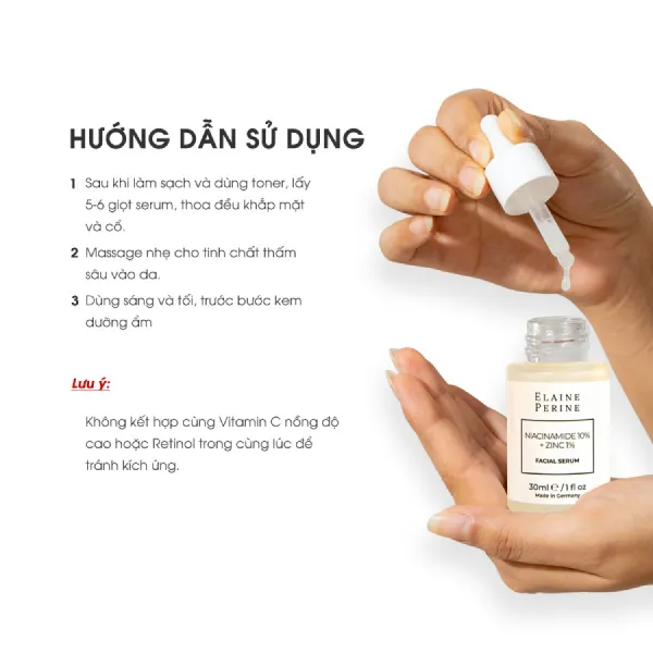 Tinh Chất Hỗ Trợ Kiểm Soát Dầu, Kháng Viêm, Kháng Khuẩn Và Thu Nhỏ Lỗ Chân Lông Elaine Perine Niacinamide 10% + Zinc 1% 30ml