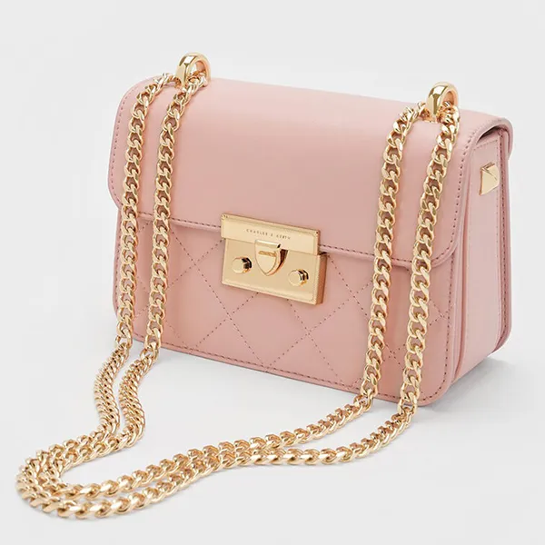 Túi Đeo Chéo Nữ Charles & Keith CNK Alva Quilted Chain-Handle Bag CK2-8070136 Light Pink Màu Hồng