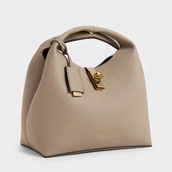 Túi Xách Tay Nữ Charles & Keith CNK Chance Turn-Lock Bucket Bag CK2-10701618 Taupe Màu Nâu Xám