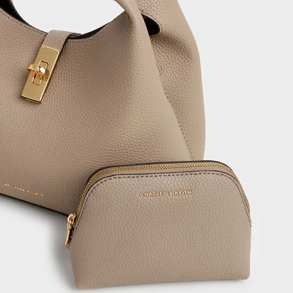 Túi Xách Tay Nữ Charles & Keith CNK Chance Turn-Lock Bucket Bag CK2-10701618 Taupe Màu Nâu Xám