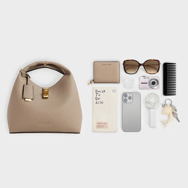Túi Xách Tay Nữ Charles & Keith CNK Chance Turn-Lock Bucket Bag CK2-10701618 Taupe Màu Nâu Xám