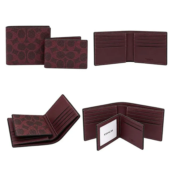 Ví Nam Coach 3-In-1 Wallet In Signature Canvas CW380 Black Currant Màu Đỏ Nâu Trầm