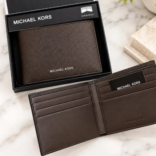 Ví Nam Michael Kors MK Slim Billfold Wallet Embossed Logo Màu Nâu
