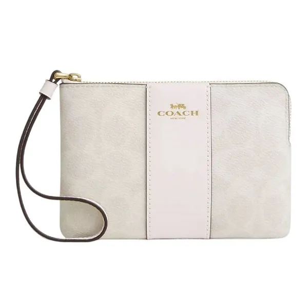 Ví Nữ Coach Corner Zip Wristlet In Signature Canvas With Stripe CW854 Màu Trắng Kem