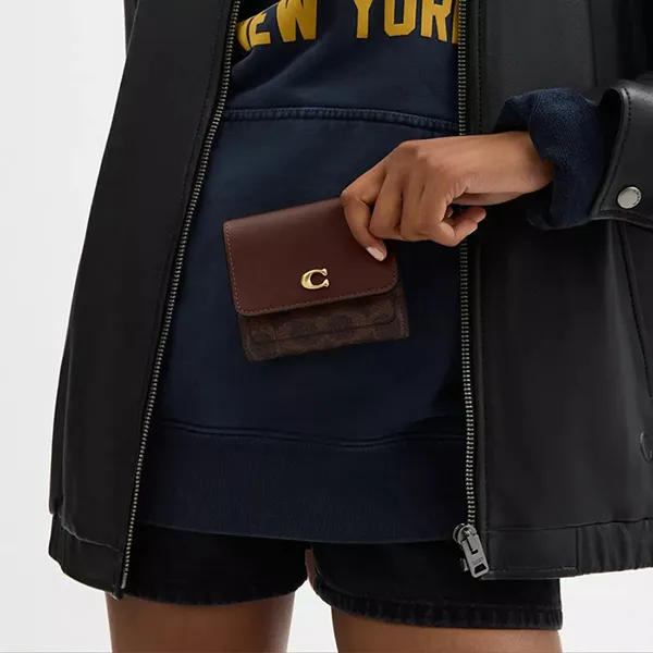 Ví Nữ Coach Mila Small Flap Wallet In Signature Canvas CAT56 Màu Nâu Đậm