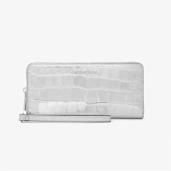 Ví Nữ Michael Kors MK Jet Set Travel Metallic Crocodile Embossed Leather Continental Wallet 32F4SJ6T3O Màu Bạc