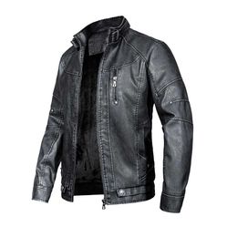 Áo Khoác Da Nam WULFUL Vintage Stand Collar Leather Jacket Motorcycle PU Faux Leather Outwear Black1 Màu Đen