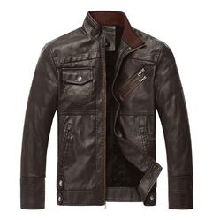 Áo Khoác Da Nam WULFUL Vintage Stand Collar Leather Jacket Motorcycle PU Faux Leather Outwear Brown8833 Màu Nâu