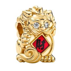 Hạt Vòng Charm Pandora Gold Plated Chinese Pixiu Beads For Good Luck 760091C01 Màu Vàng Đỏ
