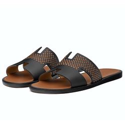 Dép Hermès Logo Plain Leather Sandals Màu Đen Nâu Size 39.5