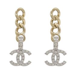 Khuyên Tai Chanel Gold 22s Link Chain Silver Crystal Cc Logo Large Dangle Drop Stud Earrings Màu Vàng