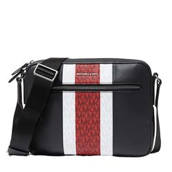Túi Đeo Chéo Michael Kors MK Hudson Pebbled Leather And Logo Stripe Camera Bag Màu Đen - Đỏ