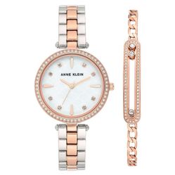 Set Đồng Hồ Nữ Anne Klein Quartz Crystal White Mother Of Pearl Dial Ladies Watch And Bracelet AK/3559RTST Màu Bạc Phối Vàng Hồng
