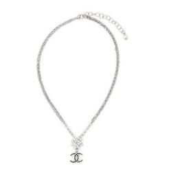 Dây Chuyền Chanel Necklace Pendant CC Mark Strass Silver Black Crystal Double Chain Màu Bạc