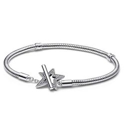 Vòng Đeo Tay Pandora Moments Asymmetric Star T-bar Snake Chain Bracelet 592357C01 Màu Bạc Size 16