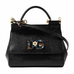 Túi Xách Tay Dolce & Gabbana Small Sicily Handbag In Iguana Print Calfskin And Crystal DG Logo Patch Màu Đen