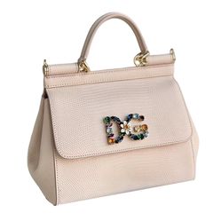 Túi Xách Tay Dolce & Gabbana Small Sicily Handbag In Iguana Print Calfskin And Crystal DG Logo Patch Màu Hồng Nude