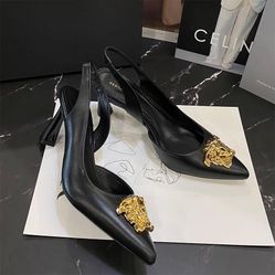 Giày Cao Gót Nữ Versace La Medusa Slingback Pumps In Leather Màu Đen Size 35