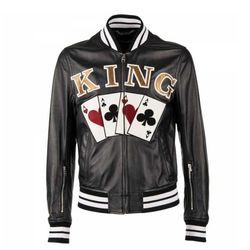 Áo Khoác Nam Dolce & Gabbana D&G Playing Cards King Embroidered Bomber Leather Jacket Size 48