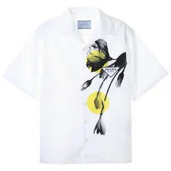 Áo Sơ Mi Cộc Tay Prada Floral Print Cotton Bowling Shirt Màu Trắng Phối Hoạ Tiết Hoa Tulip