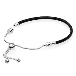 Vòng Đeo Tay Pandora Moments Black Leather Slider Bracelet Phối Màu Đen Bạc